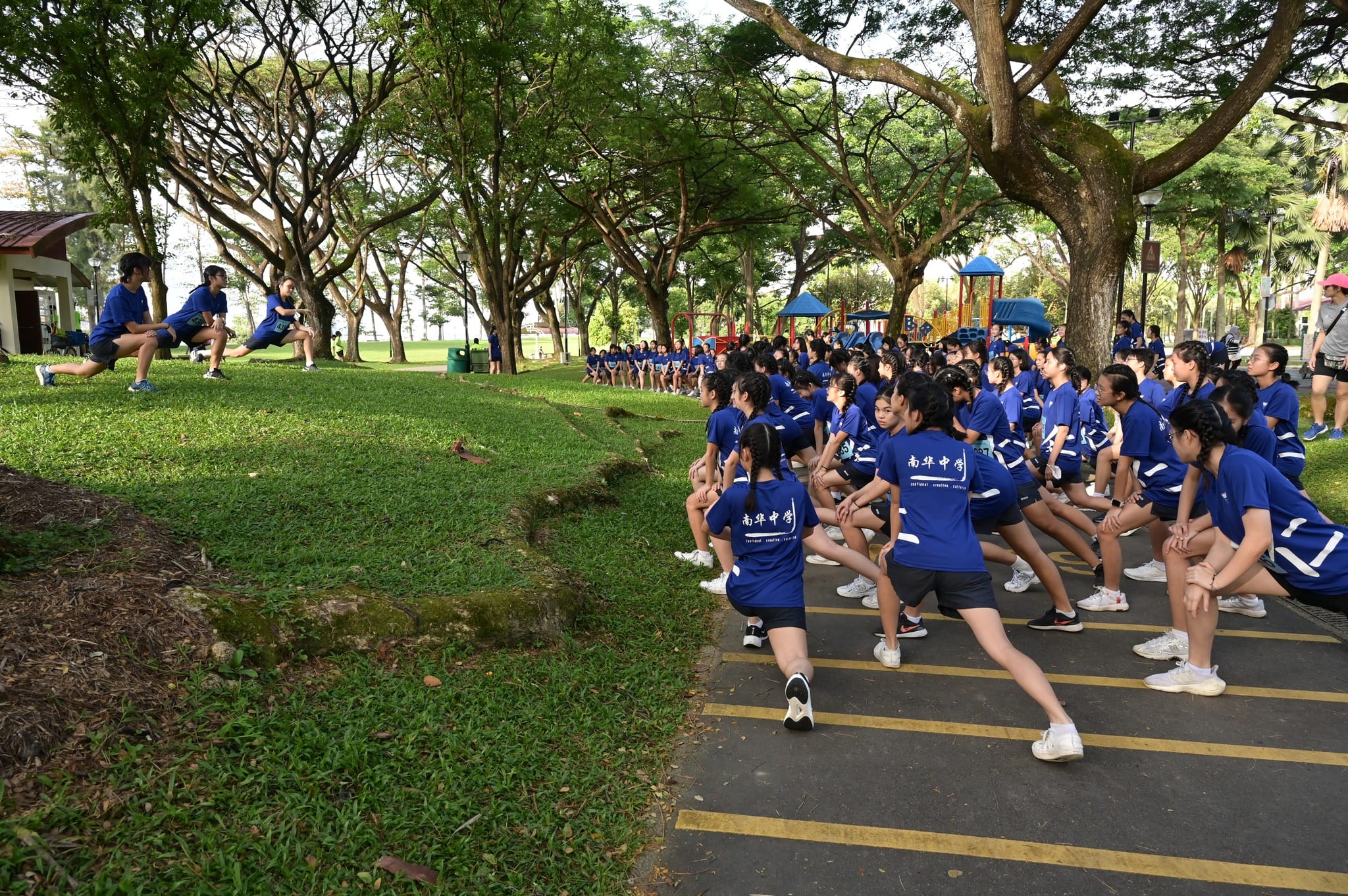 A large group of students in blue uniforms doing lunges and stretches outdoors in a park near a playground.